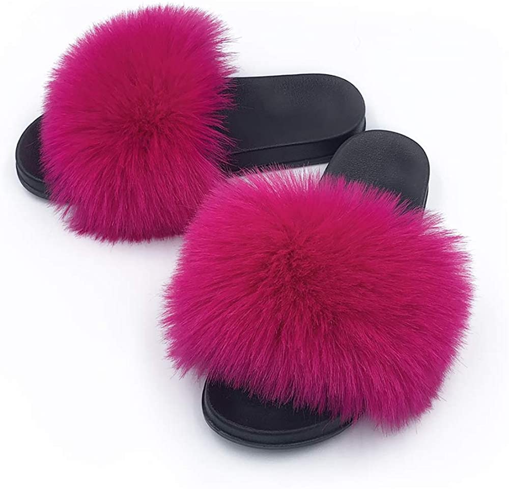 Faux Fur Slippers Fluffy Fuzzy Sandals Open Toe Slides Flip Flop - Debshops