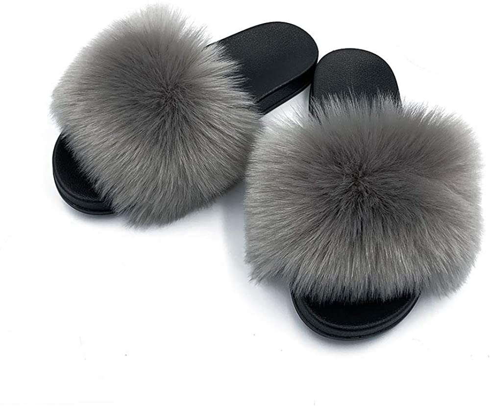 Faux Fur Slippers Fluffy Fuzzy Sandals Open Toe Slides Flip Flop - Debshops