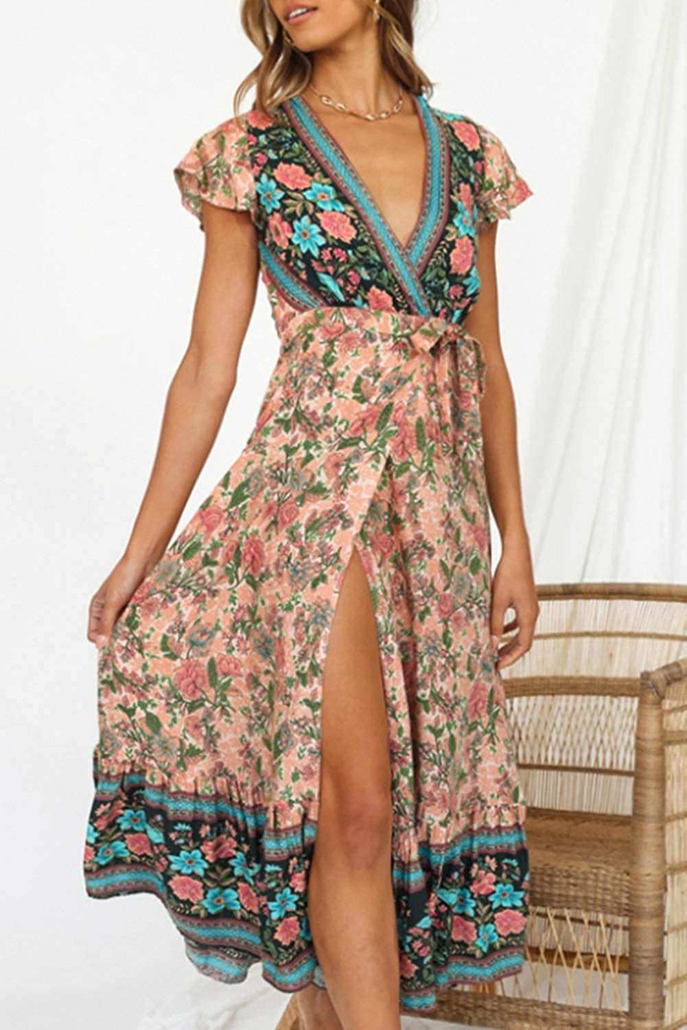 Women’s V Neck Wrap Vintage Floral Print Short Sleeve Split Belted Flowy Boho Beach Long Dress - Debshops