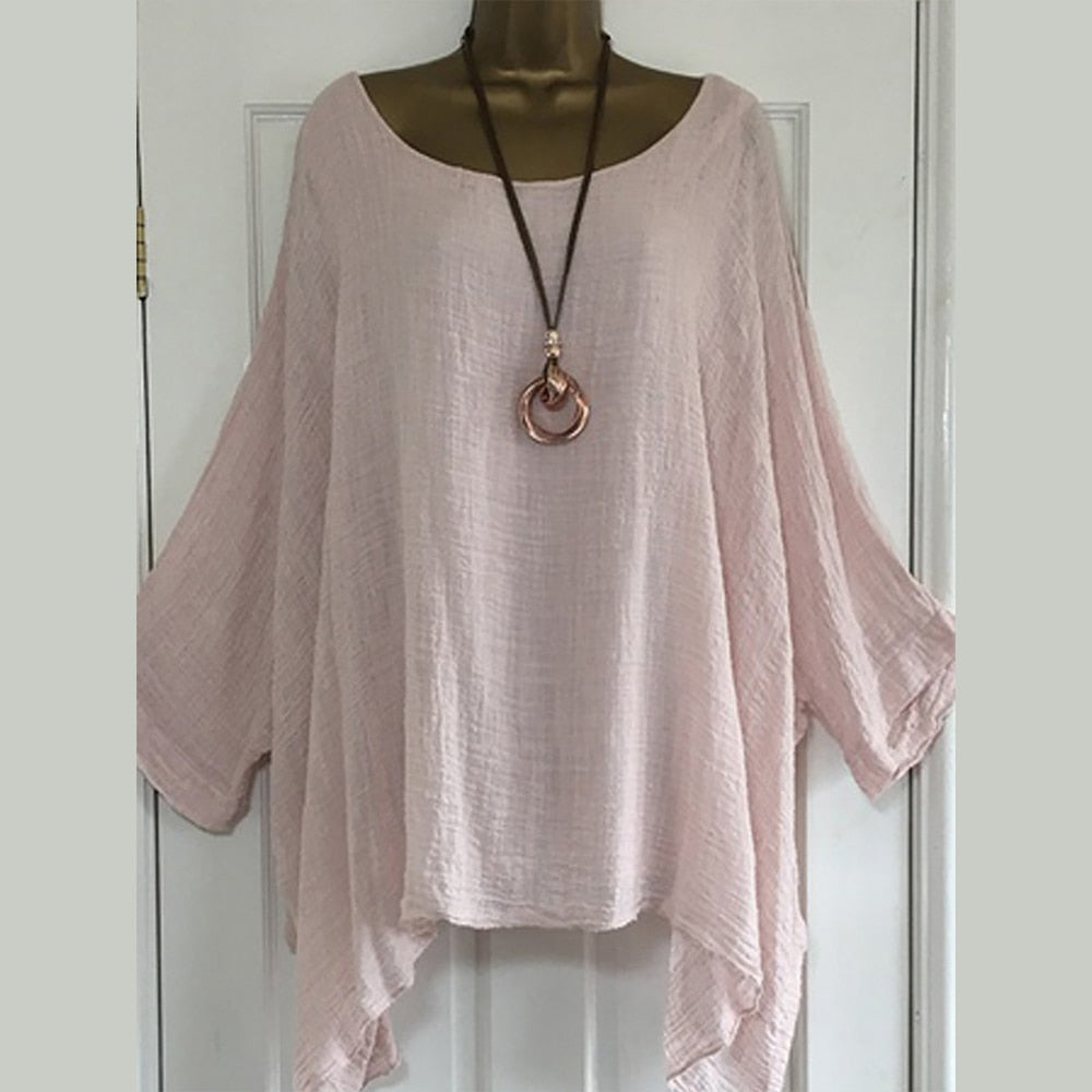 Solid Batwing Sleeve Loose Asymmetric O Neck Blouse - Debshops
