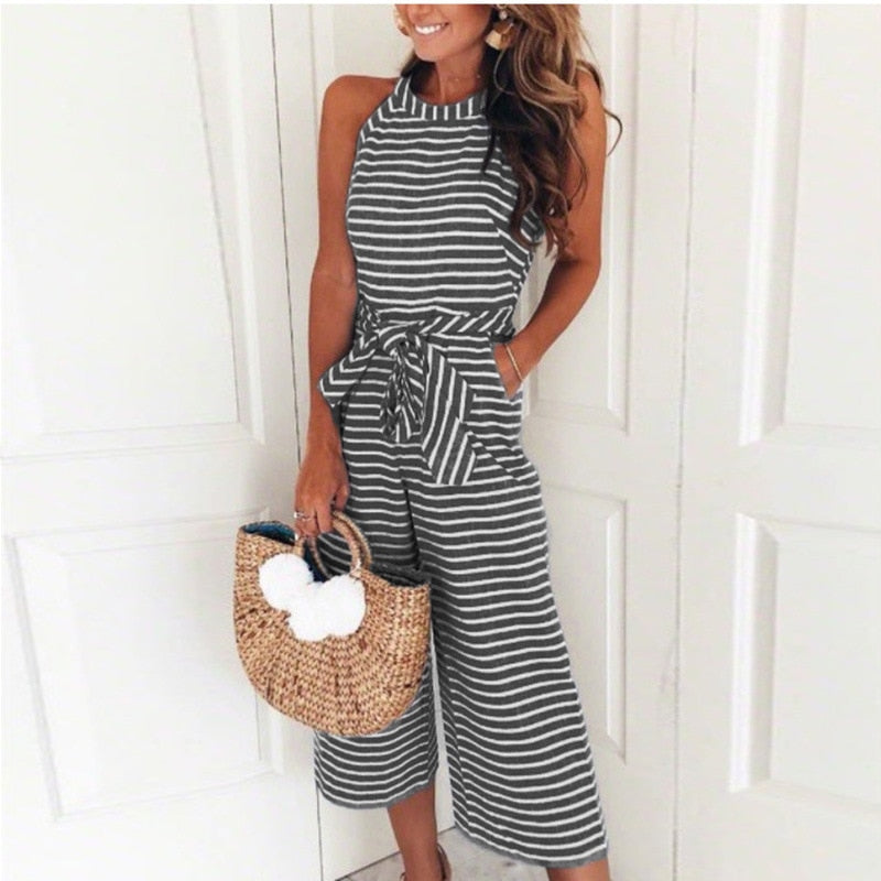 Striped Printed Lace up Pocket O neck Sleeveless Long Wide Leg Jumpsuit - Debshops