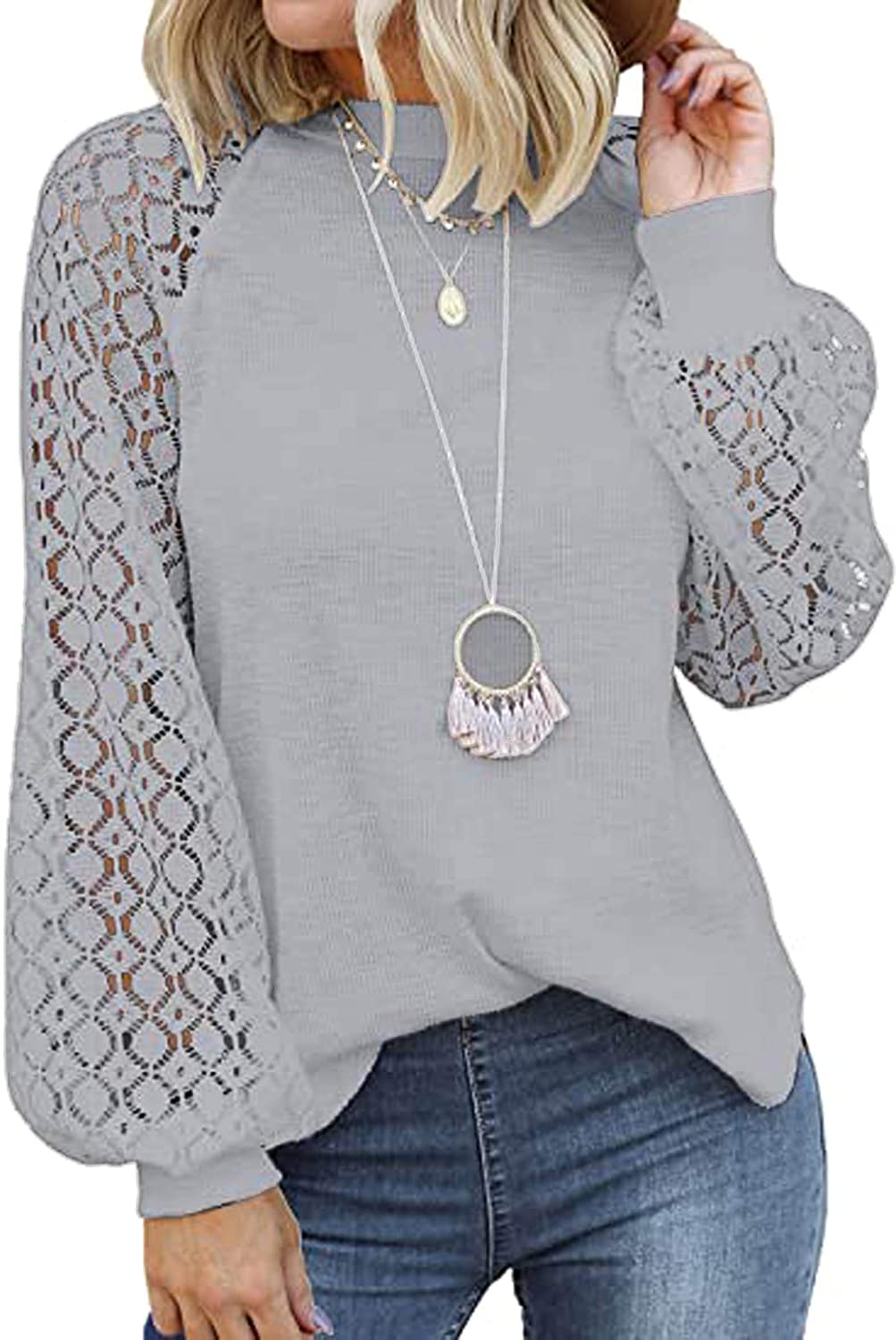 Women's Long Sleeve Tops Lace Hollow Out Waffle Casual Loose Blouse - Debshops