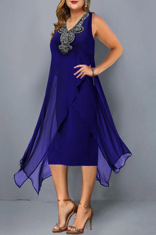 Elegant Embroidery Evening Party Chiffon Loose Sleeveless Dress - Debshops