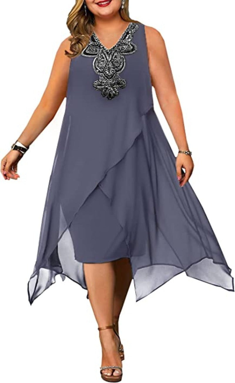 Elegant Embroidery Evening Party Chiffon Loose Sleeveless Dress - Debshops