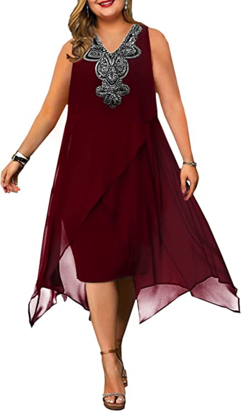 Elegant Embroidery Evening Party Chiffon Loose Sleeveless Dress - Debshops