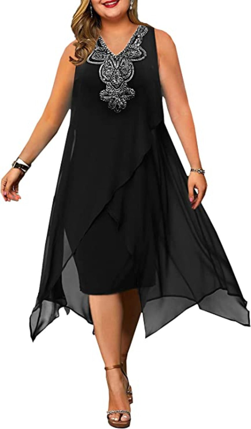 Elegant Embroidery Evening Party Chiffon Loose Sleeveless Dress - Debshops