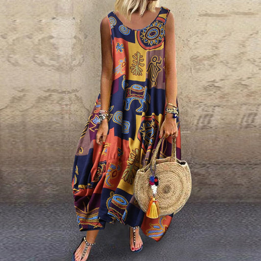 Elegant Loose Patchwork 3/4 Sleeves Button High Low Hem Dress - Debshops