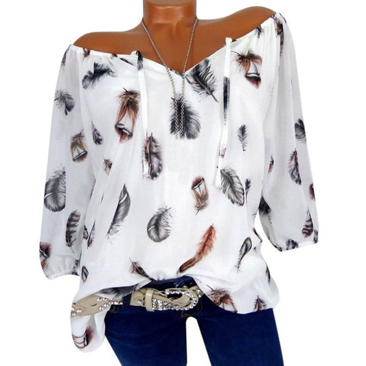 Feather Half Sleeve V Neck Loose Blouse - Debshops