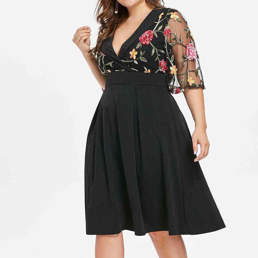 Floral Short Sleeve Lace Hollow out V Neck Dress - Debshops
