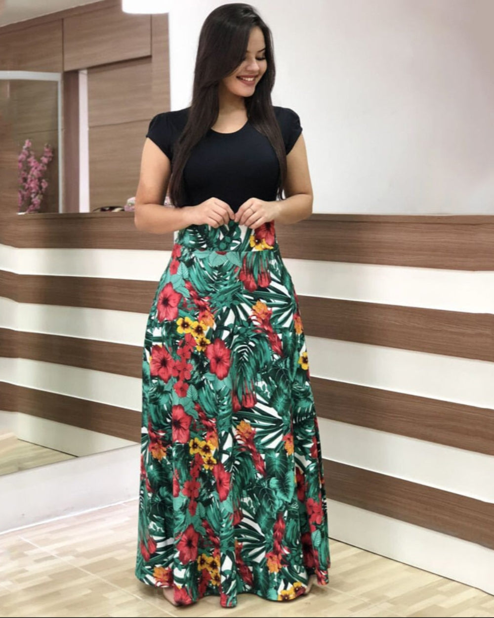 Floral Vintage O Neck Short Sleeve Long Dress | Deb Shops