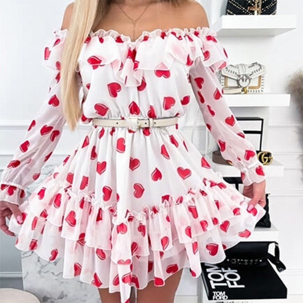 Women Off Shoulder Ruffles Flower Print Dress Long Sleeve Elegant Party Dress Chiffon - Debshops