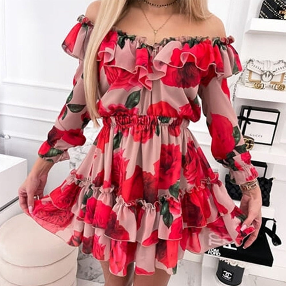 Women Off Shoulder Ruffles Flower Print Dress Long Sleeve Elegant Party Dress Chiffon - Debshops