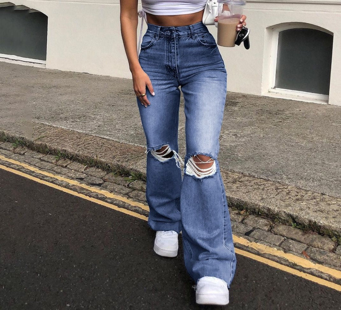 High Waist Washed Blue Loose Jeans - Debshops