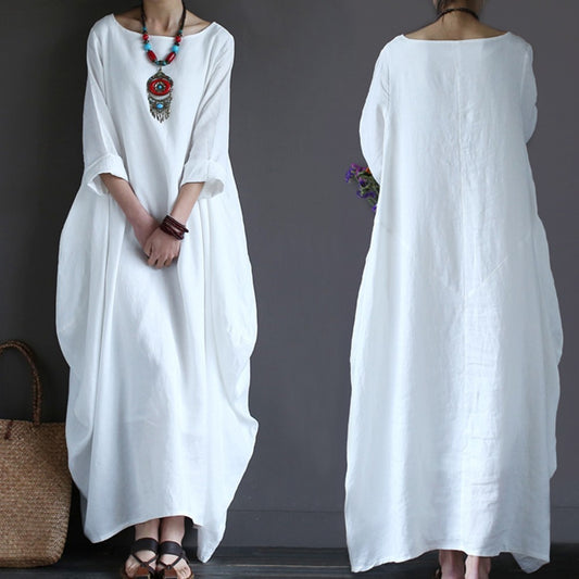 O Neck Long Sleeve Cotton Linen Gown Robe Dress | Deb Shops