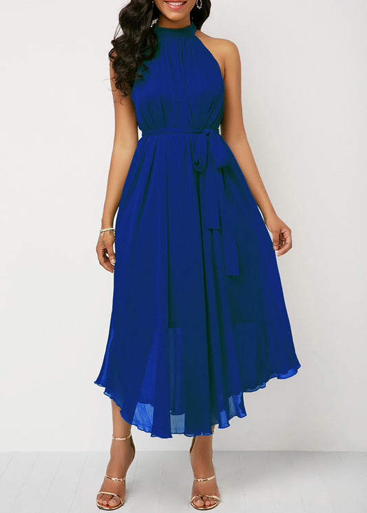 Halter Neck Strapless Chiffon Pleated Loose Off Shoulder Midi Dress - Debshops