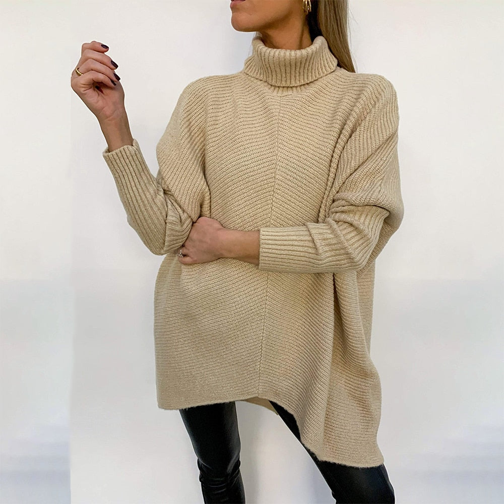 Turtleneck Oversized Knitted Sleeve Loose Asymmetric Sweater - Debshops