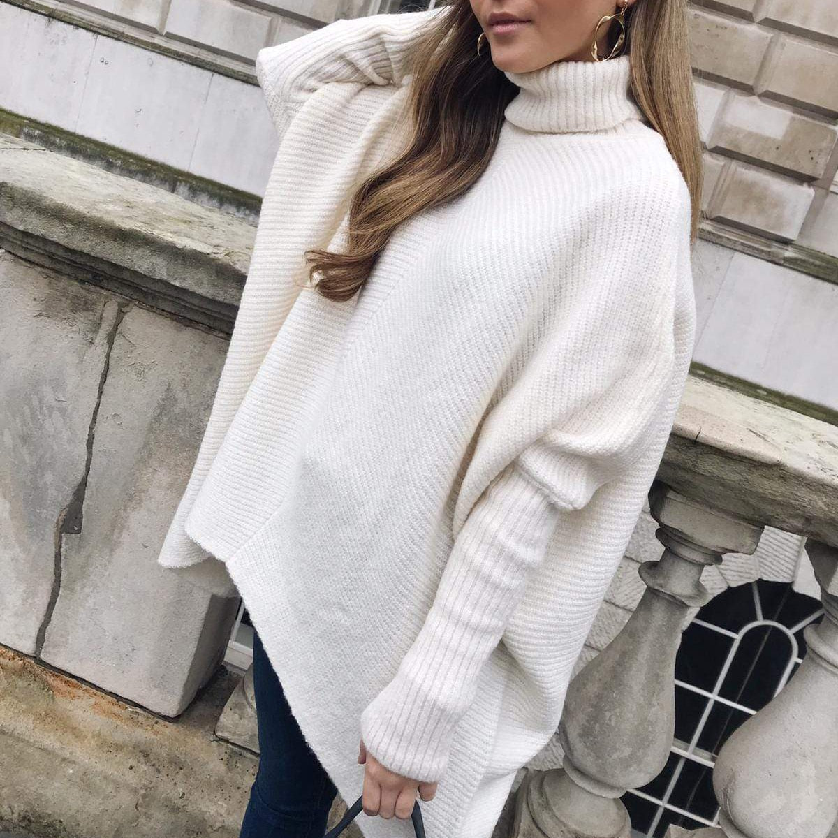 Turtleneck Oversized Knitted Sleeve Loose Asymmetric Sweater - Debshops