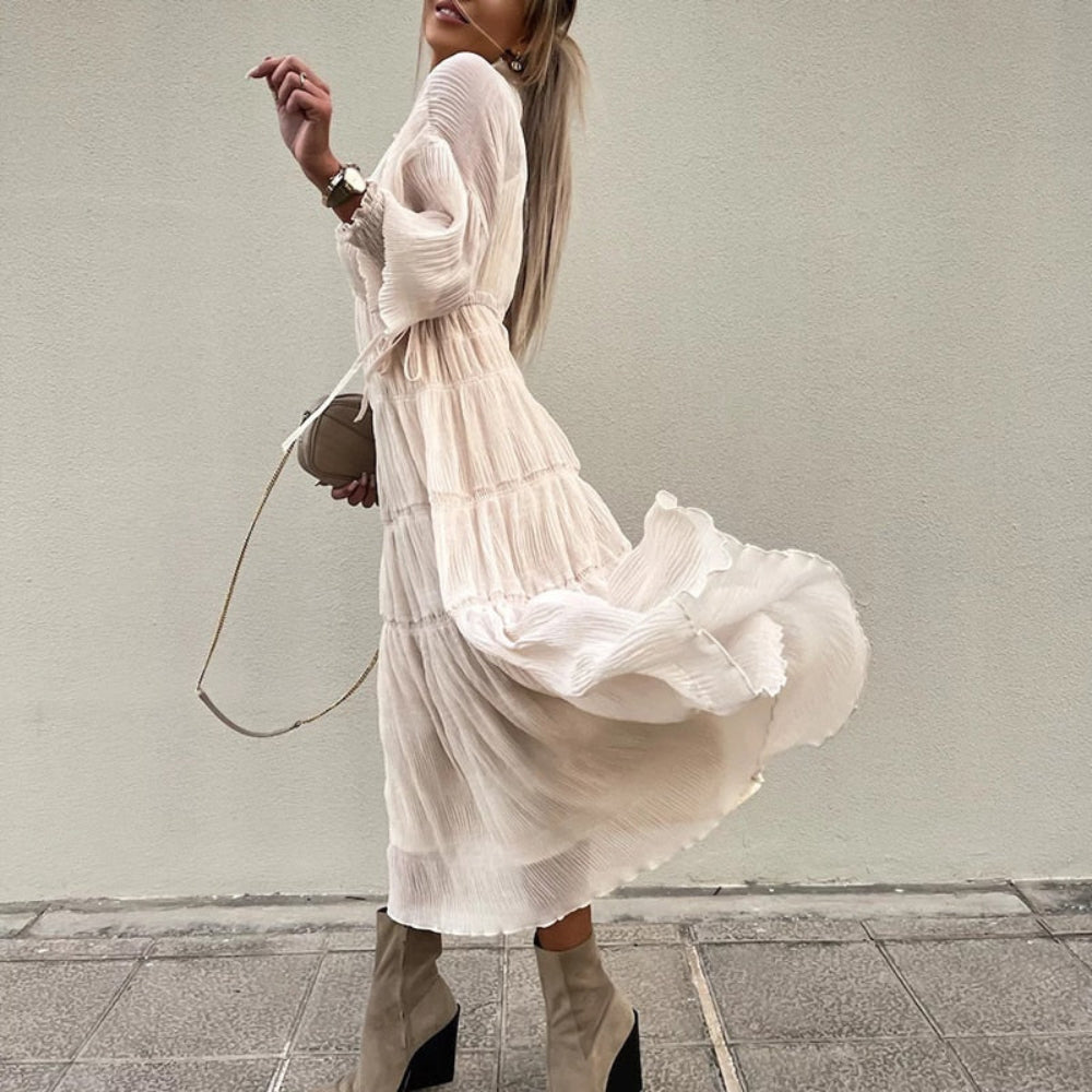 V-neck Elastic Waist Pleated Party Dress | Deb Shops