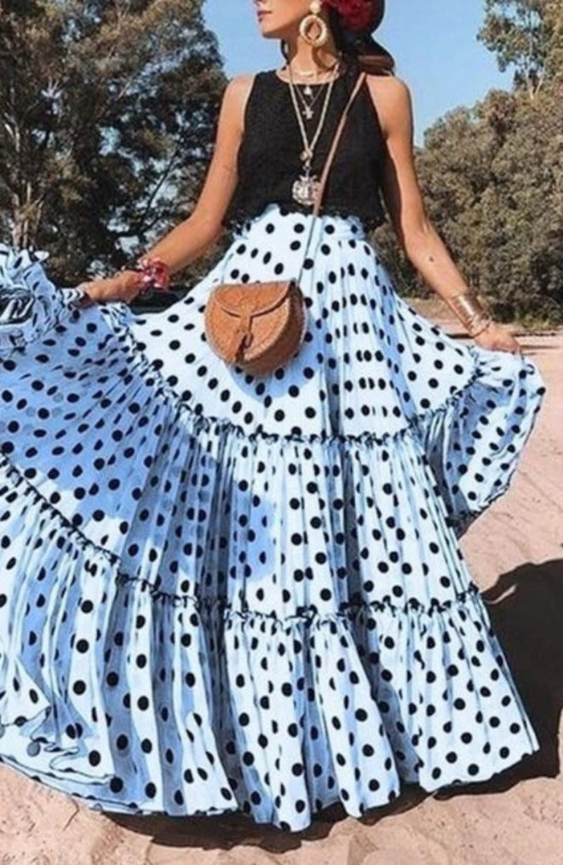 Polka Dot Maxi Layered High Waist Pleated Skirt - Debshops