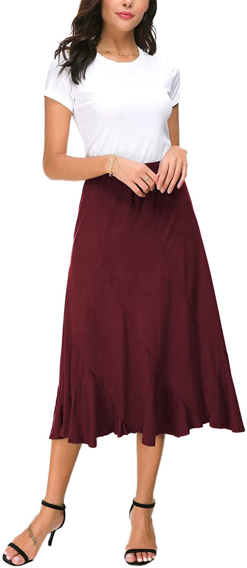 Women's Elegant Ankle Length Ruffle Hem Elastic Waist Midi Skirt - Debshops