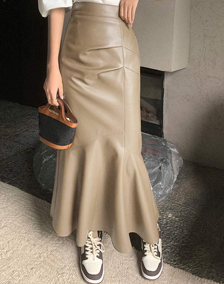 ZANZEA Women PU Leather Midi Skirts 2022 Fashion High Waist Faldas Vintage Ruffles Pleated Jupe Autumn Solid Mermaid Skirts - Debshops