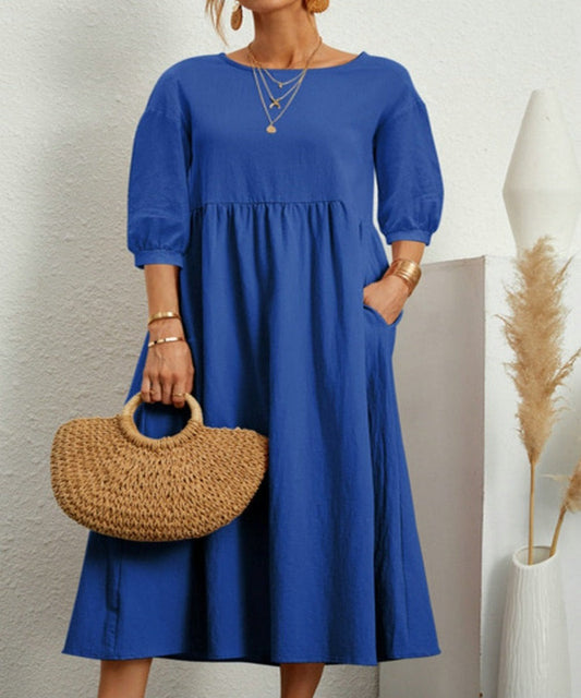 New Arrival Overseas Size Women Middle Sleeve Long Dress Summer Oneck Lady Solid Casual Elegant Cotton Autumn Female Skirt Loose - Dresses - Debshops