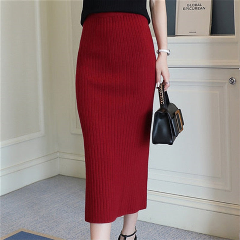 Woolen Long Midi Step Pencil Skirt - Debshops