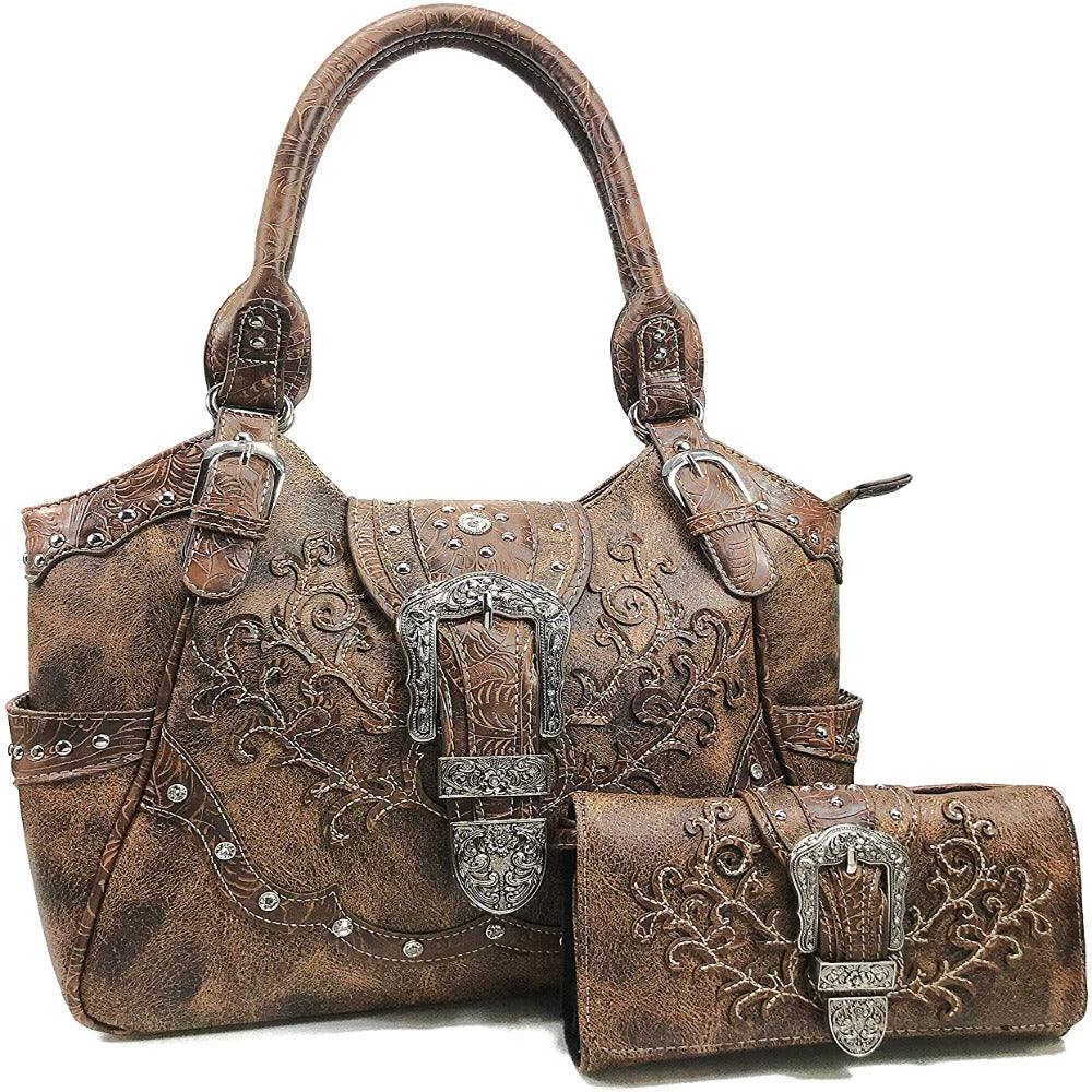 Floral Embroidery Buckle Shoulder Concealed Carry Shoulder Handbag with Cross-Body Wallet - Debshops
