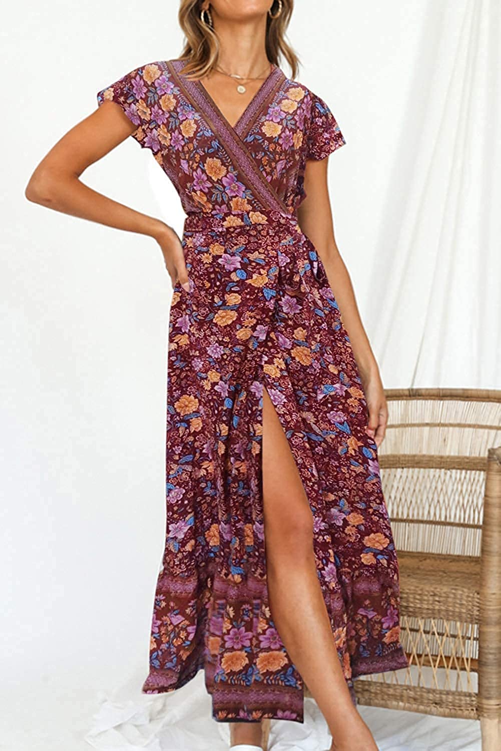 Women’s V Neck Wrap Vintage Floral Print Short Sleeve Split Belted Flowy Boho Beach Long Dress - Debshops