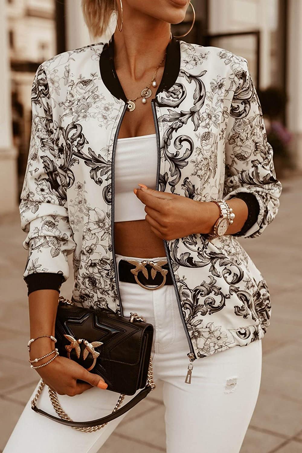 Womens Jackets Lightweight Zip Up Casual Bomber Jacket Coat Stand Collar Blazers Outwear - Debshops