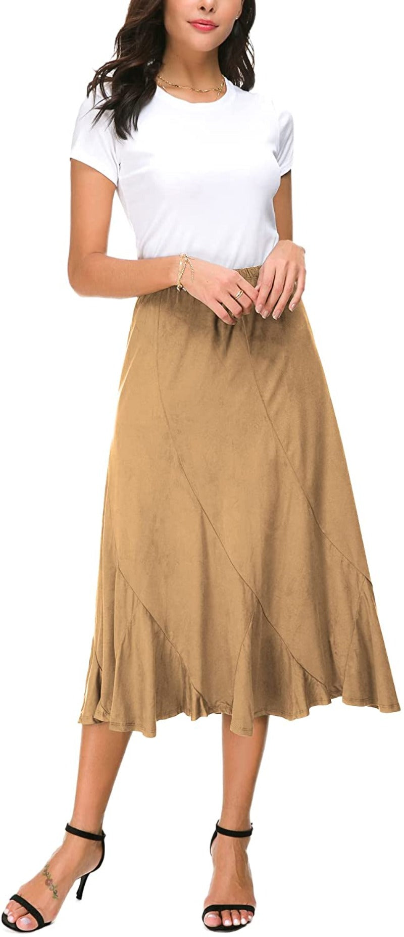 Women's Elegant Ankle Length Ruffle Hem Elastic Waist Midi Skirt - Debshops