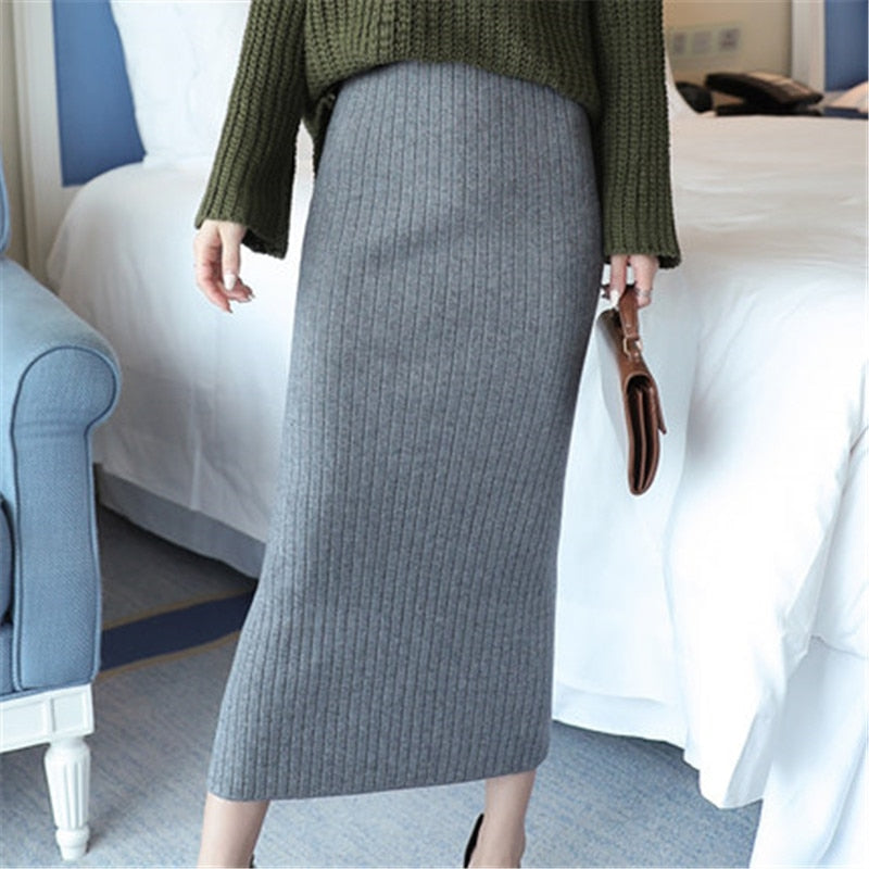 Woolen Long Midi Step Pencil Skirt - Debshops