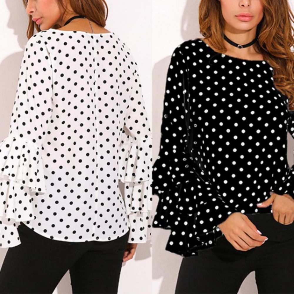 Polka Dot O Neck Long Sleeve Blouse - Debshops