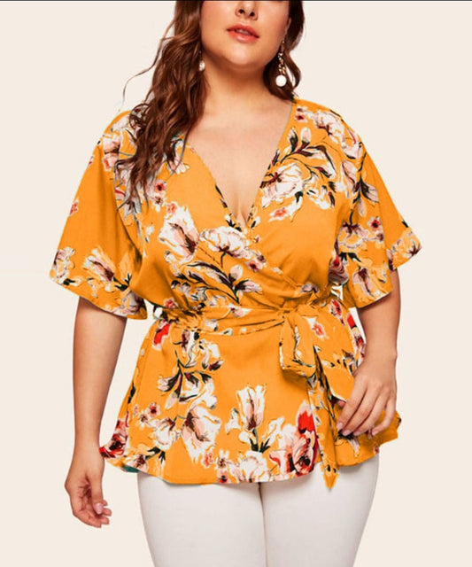 V Neck Short Sleeved Waist Belt Blouse - Debshops