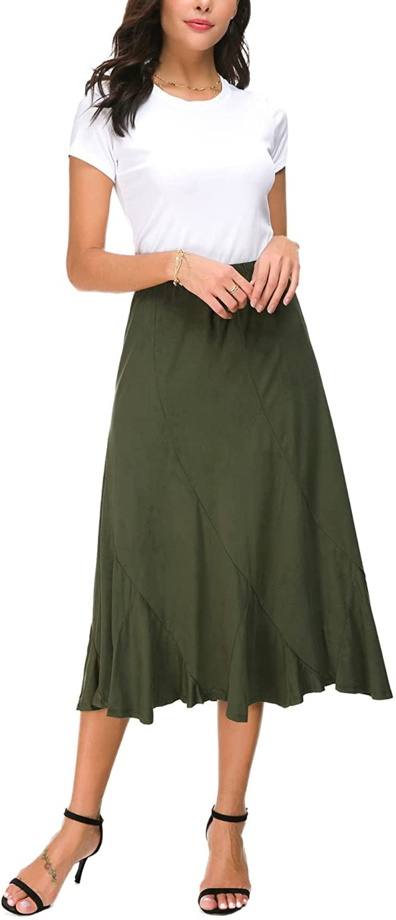 Women's Elegant Ankle Length Ruffle Hem Elastic Waist Midi Skirt - Debshops