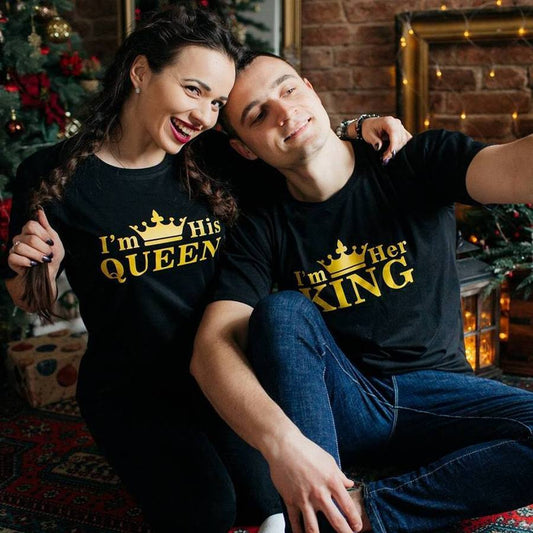 Cotton Print His Queen Her King Crown O neck Short Sleeve - Debshops