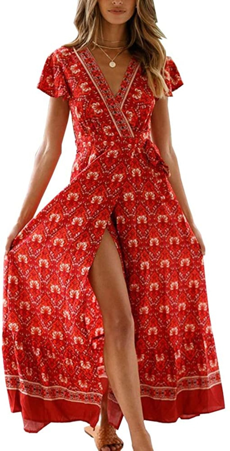 Women’s V Neck Wrap Vintage Floral Print Short Sleeve Split Belted Flowy Boho Beach Long Dress - Debshops