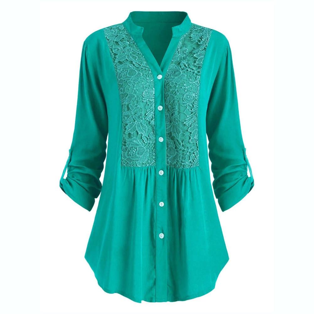Blouse Button Lace V Neck Long Sleeve - Deb Shops