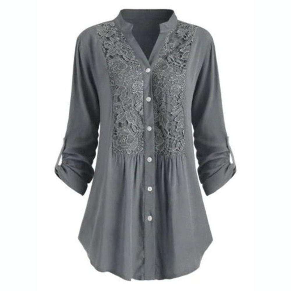 Blouse Button Lace V Neck Long Sleeve - Deb Shops