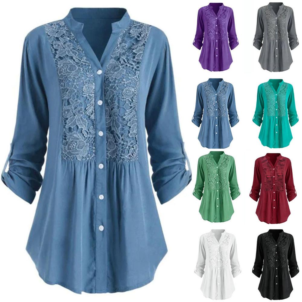 Blouse Button Lace V Neck Long Sleeve - Deb Shops