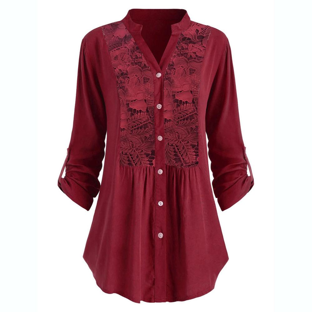 Blouse Button Lace V Neck Long Sleeve - Deb Shops