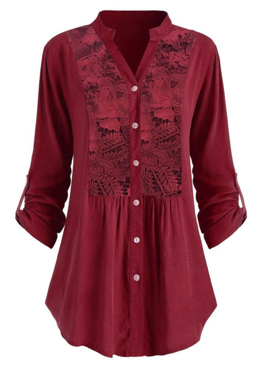 Blouse Button Lace V Neck Long Sleeve - Deb Shops