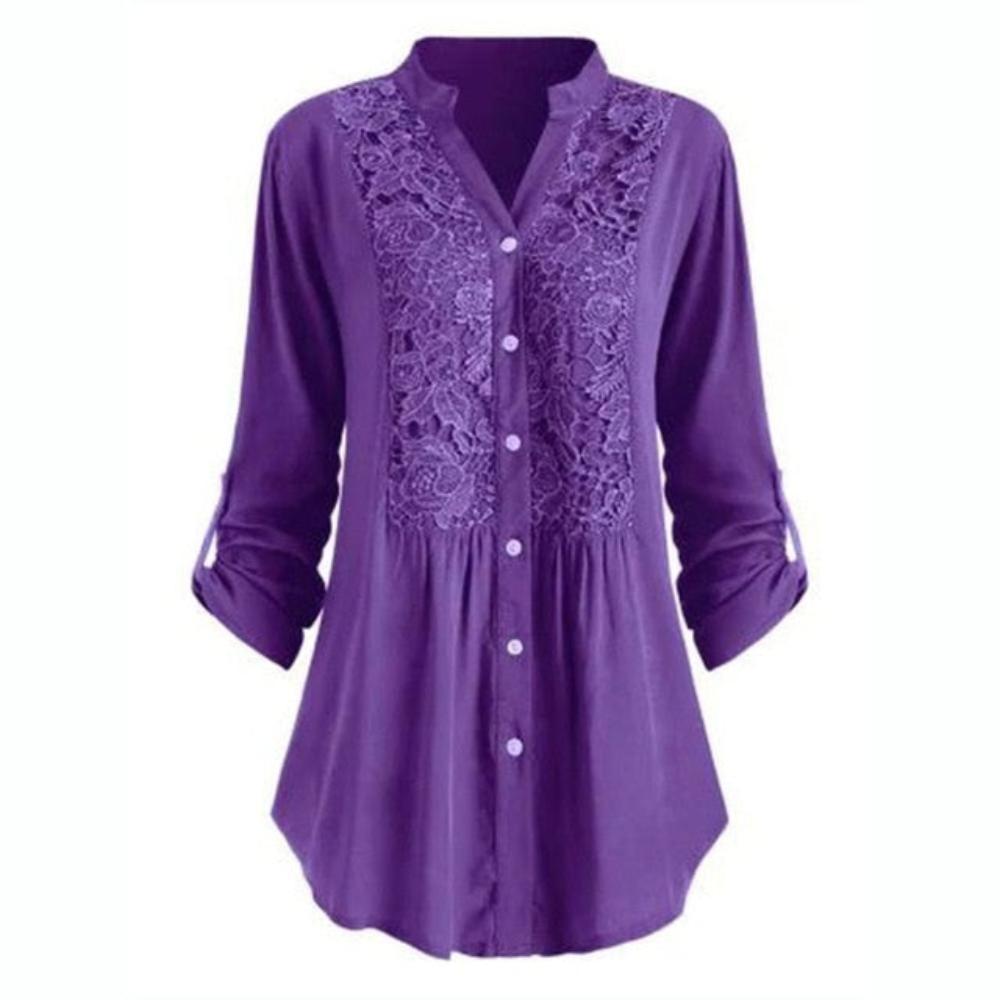 Blouse Button Lace V Neck Long Sleeve - Deb Shops