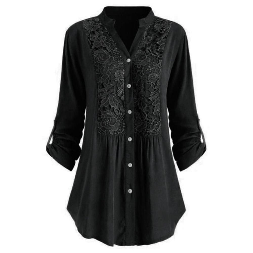 Blouse Button Lace V Neck Long Sleeve - Deb Shops