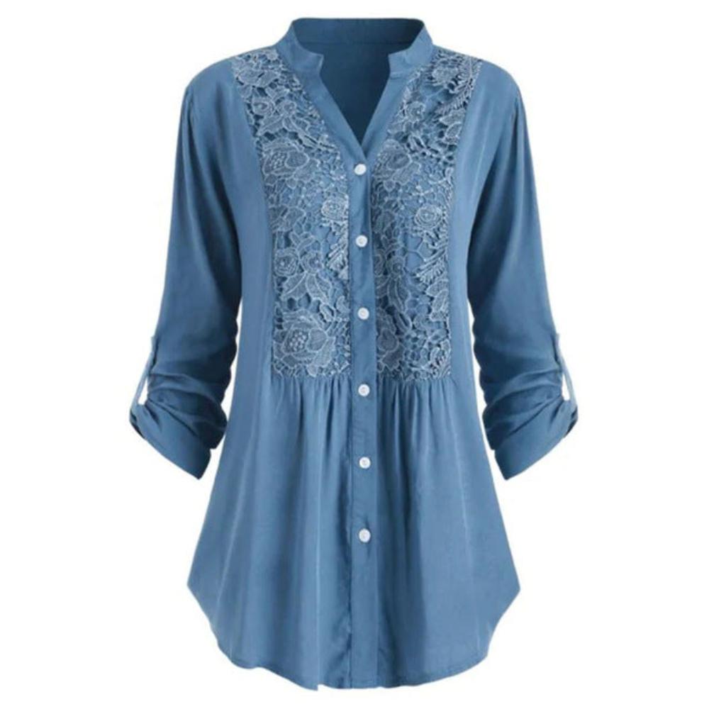 Blouse Button Lace V Neck Long Sleeve - Deb Shops