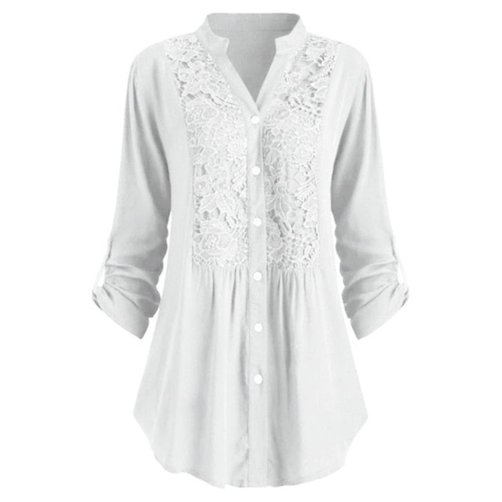 Blouse Button Lace V Neck Long Sleeve - Deb Shops