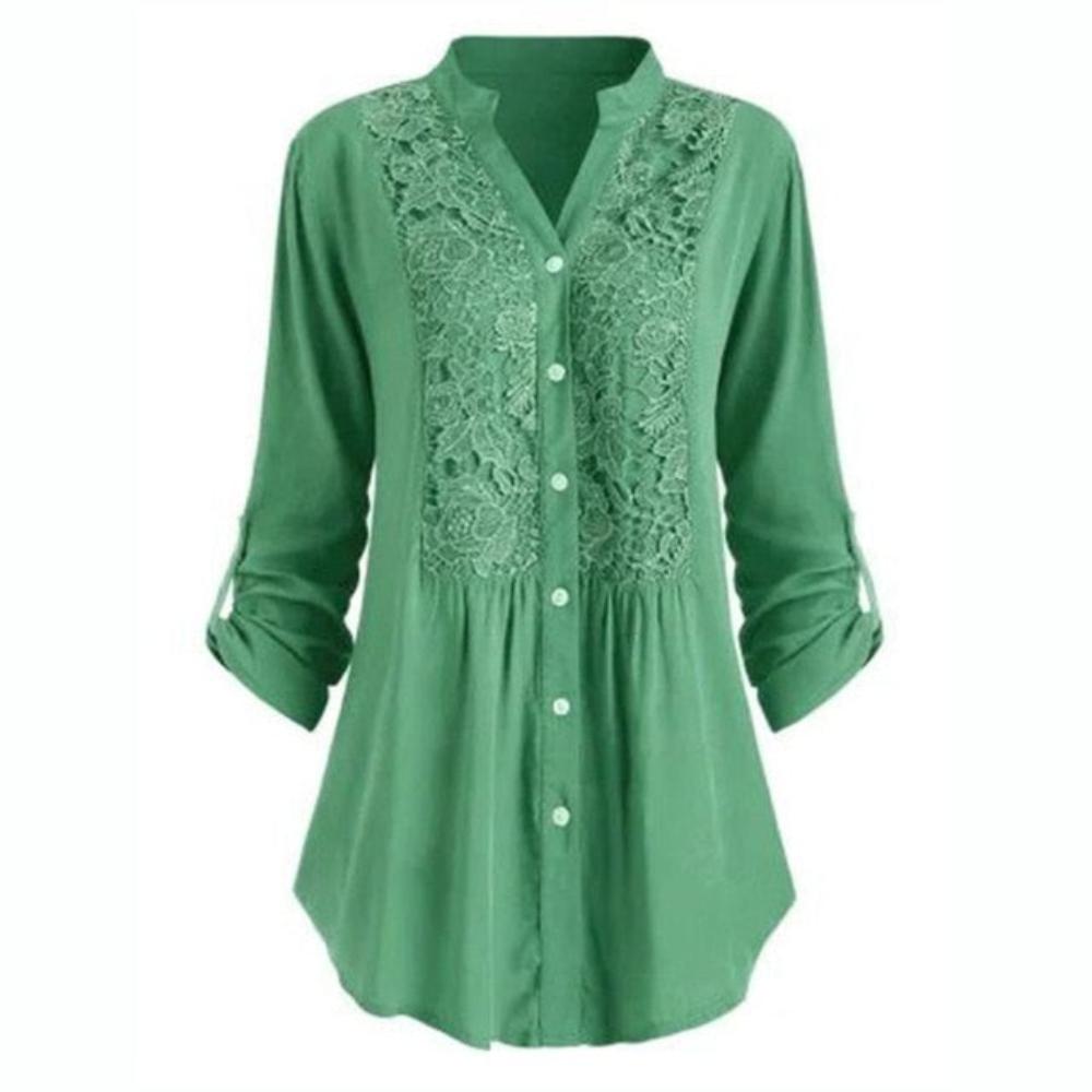 Blouse Button Lace V Neck Long Sleeve - Deb Shops