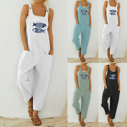 Boho Fish Pocket Romper Long Button Jumpsuit - Deb Shops