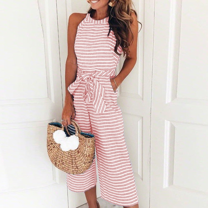 Striped Printed Lace up Pocket O neck Sleeveless Long Wide Leg Jumpsuit - Debshops