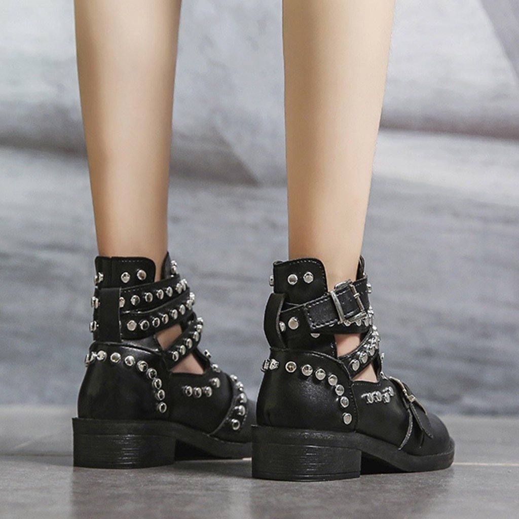 Retro Rivet Motorcycle Leather Ankle Boots Low Heel - Debshops